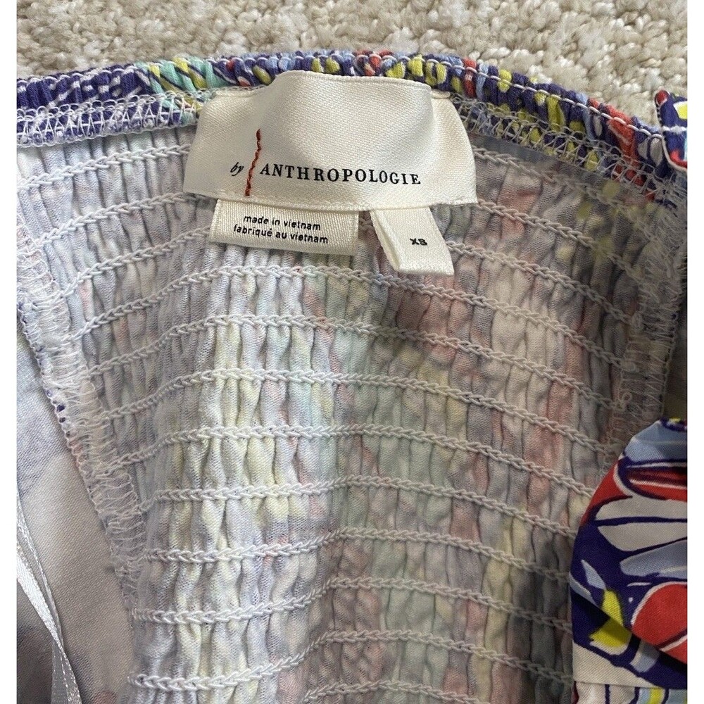 Anthropologie Strapless Smocked Ruffle Blouse Multicolor Cotton Abstract XS - Picture 6 of 10